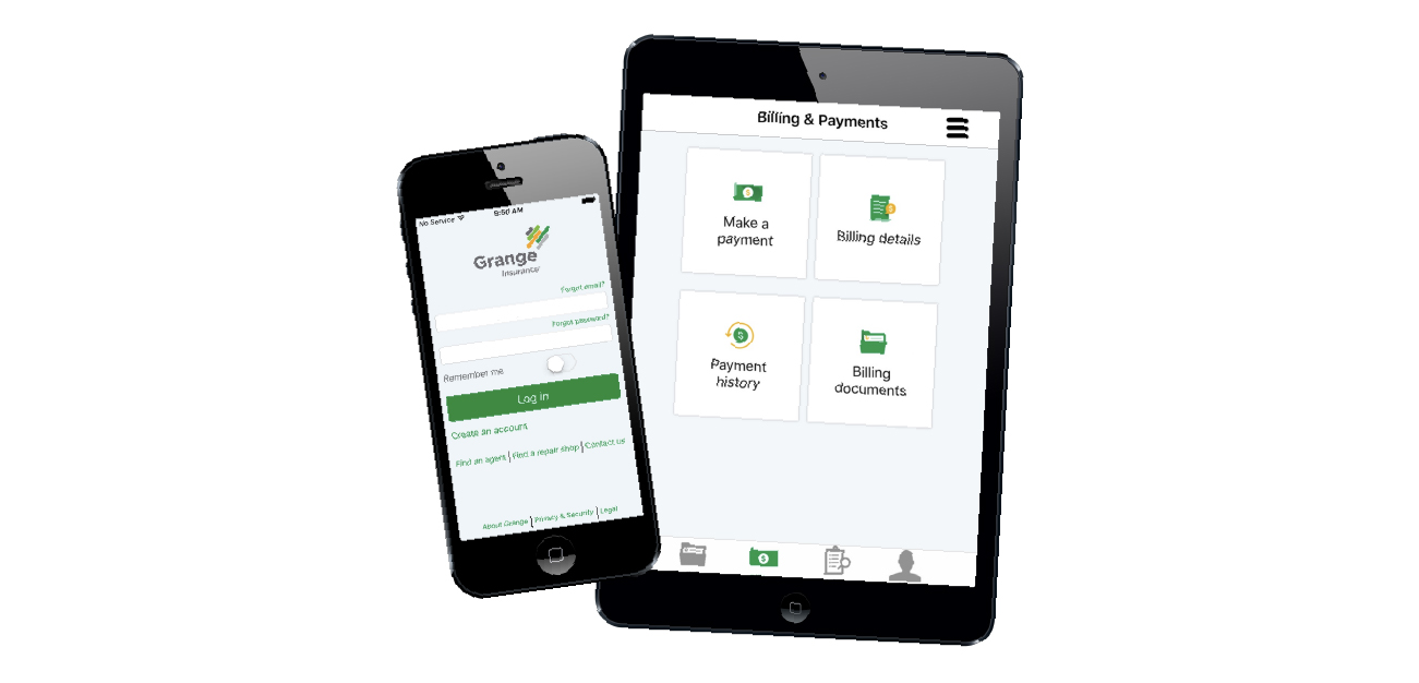 Tablet and smartphone display Grange Mobile app